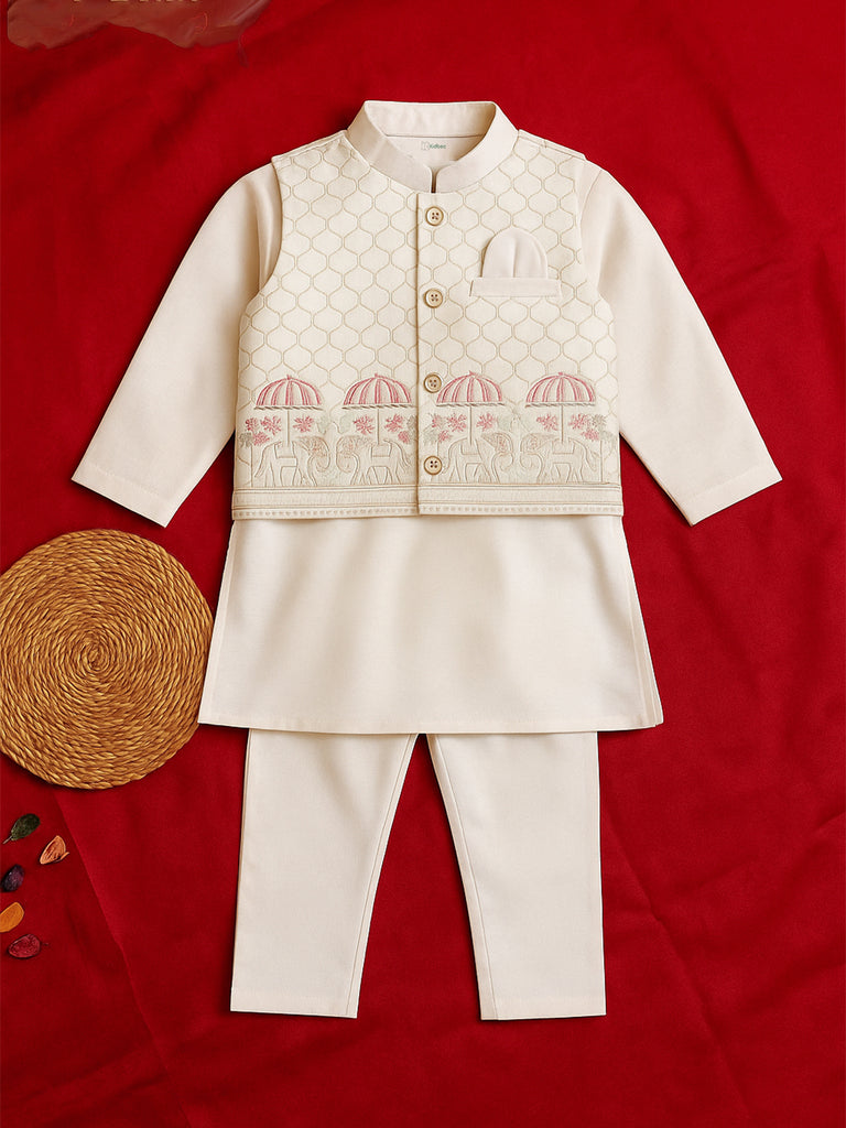 Kidbea Boys Ethnic Wear Set | Kurta Pajama with Stylish Nehru Jacket | Festive Traditional Outfit for Kids | Cream