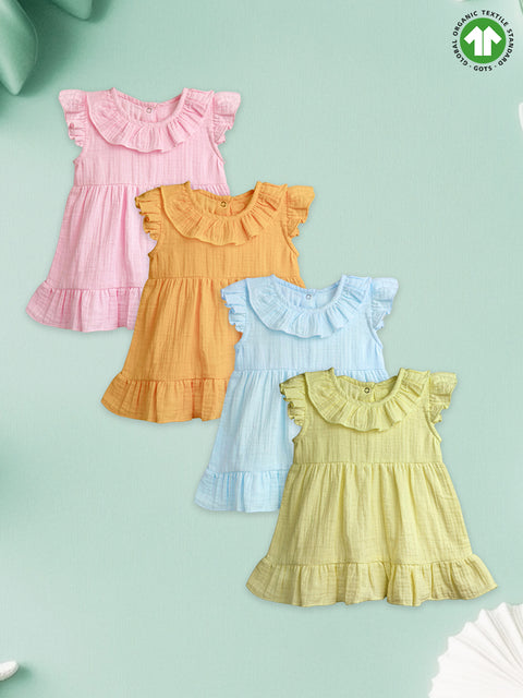 Light Linen Girls Dress Set | Pack of 4 (Pink, Mustard Yellow, Sky Blue & Green)
