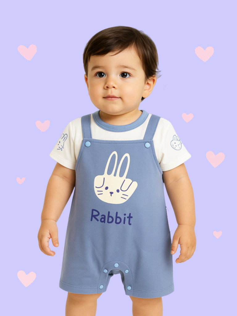 Kidbea Unisex Dungaree Set for Infant Baby | Cute Rabbit Design Overalls with T-Shirt | Purple