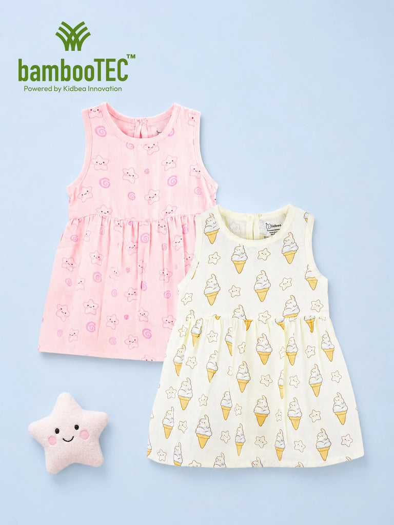 BambooTEC™ Bamboo Muslin Girls Frock – Cute Star & Ice Cream Print | Pack of 2