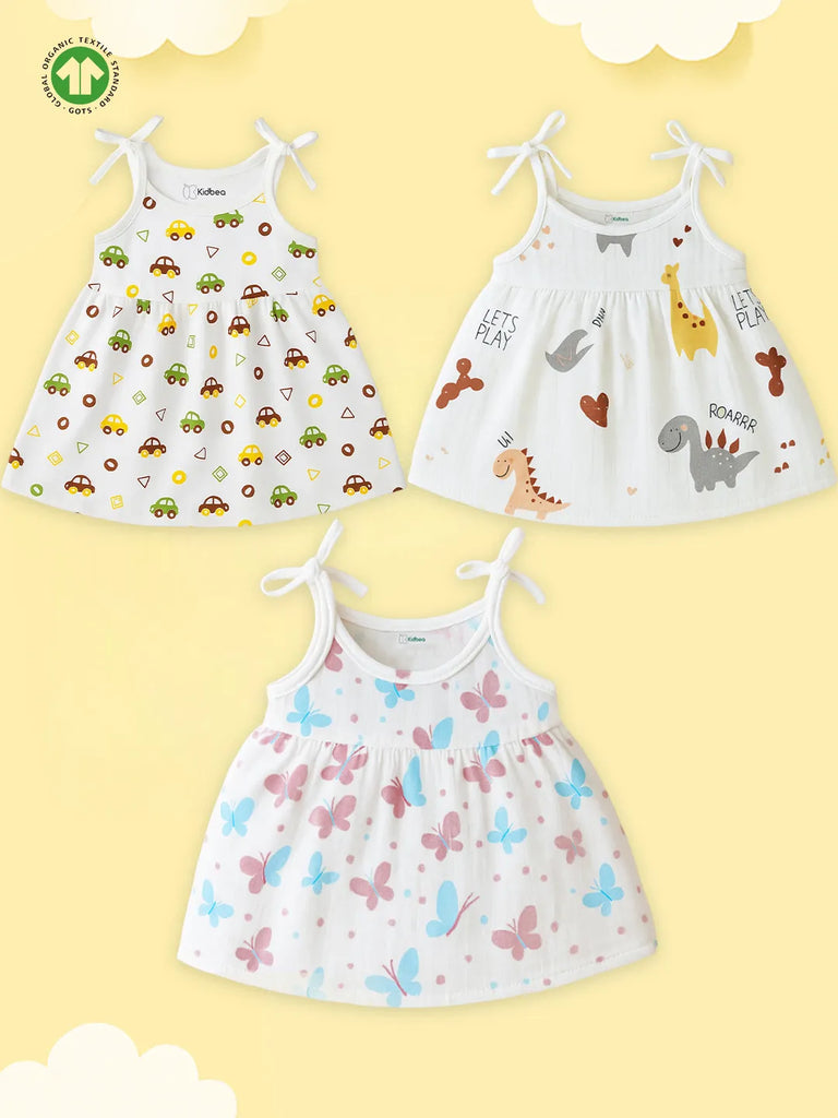 Extra Soft Muslin Baby Girls Frock Pack of 3 – Car, Dinosaur & Butterfly Prints