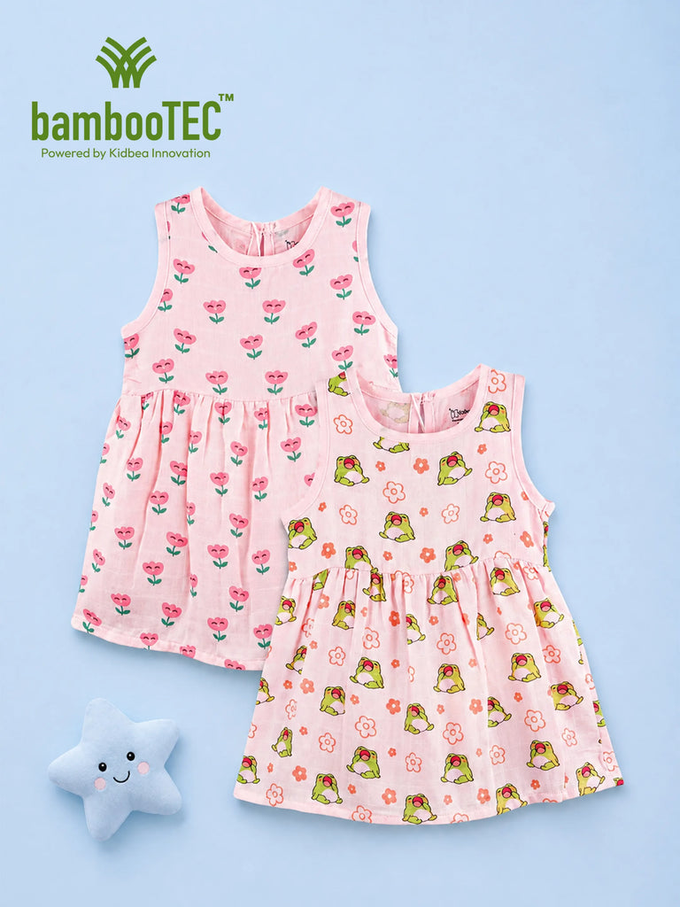 BambooTEC™ Bamboo Muslin Girls Frock – Floral & Frog Print | Pack of 2