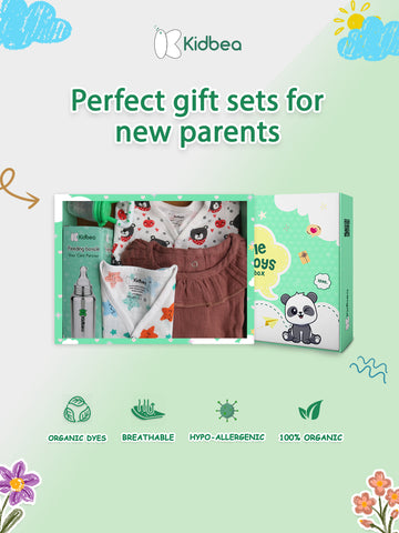 Kidbea® Premium Baby Gift Set – Pack of 5 Must-Haves | Bear Romper, Linen Frock, Cotton Jhabla, Steel Feeding Bottle & Fruit Feeder | Organic Newborn Gift Box