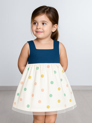 Kidbea Cute Sleeveless Denim Dress for Baby Girl With Colorful Polka Dots | Summer Wear Outfit | Stylish Frock for Infants and Toddlers Blue | 9-12 Months