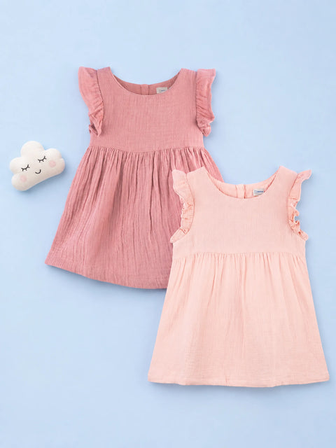 Organic Cotton Girls Frock Pack of 2 – Rust & Light Pink Ruffle Frocks