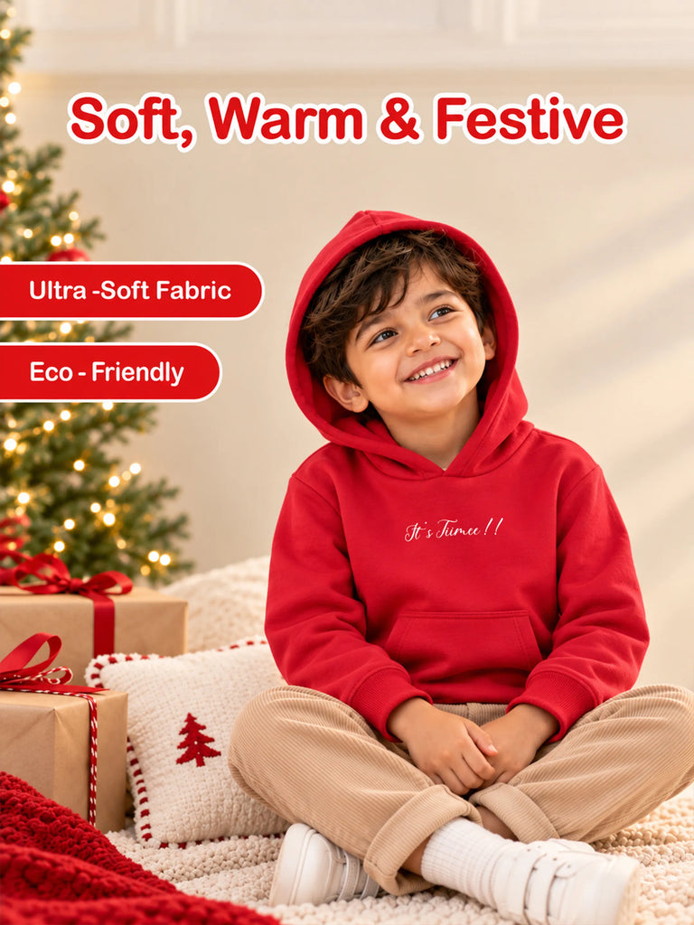 Unisex Cotton Hoodie – Red Full-Sleeve Christmas Printed Pullover Sweatshirt