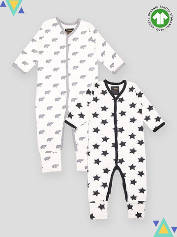 Kidbea 100% Organic cotton Pack of 2 full Buttons romper | Elephant | Star