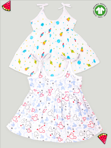 Kidbea Extra Soft Muslin Cotton Frock Cloth for Baby Girl | Space and Mickey Print Pack of 2 | Print May Vary