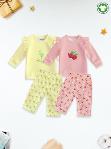 100% Organic Bamboo Co-Ord Set Combo for Girls – Pack of 2 | Soft, Breathable & Stylish Nightwear (Yellow & Pink Print)