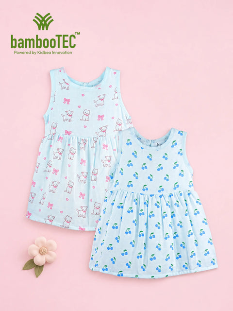 BambooTEC™ Bamboo Muslin Girls Frock – Cute Puppy & Cherry Prints | Pack of 2