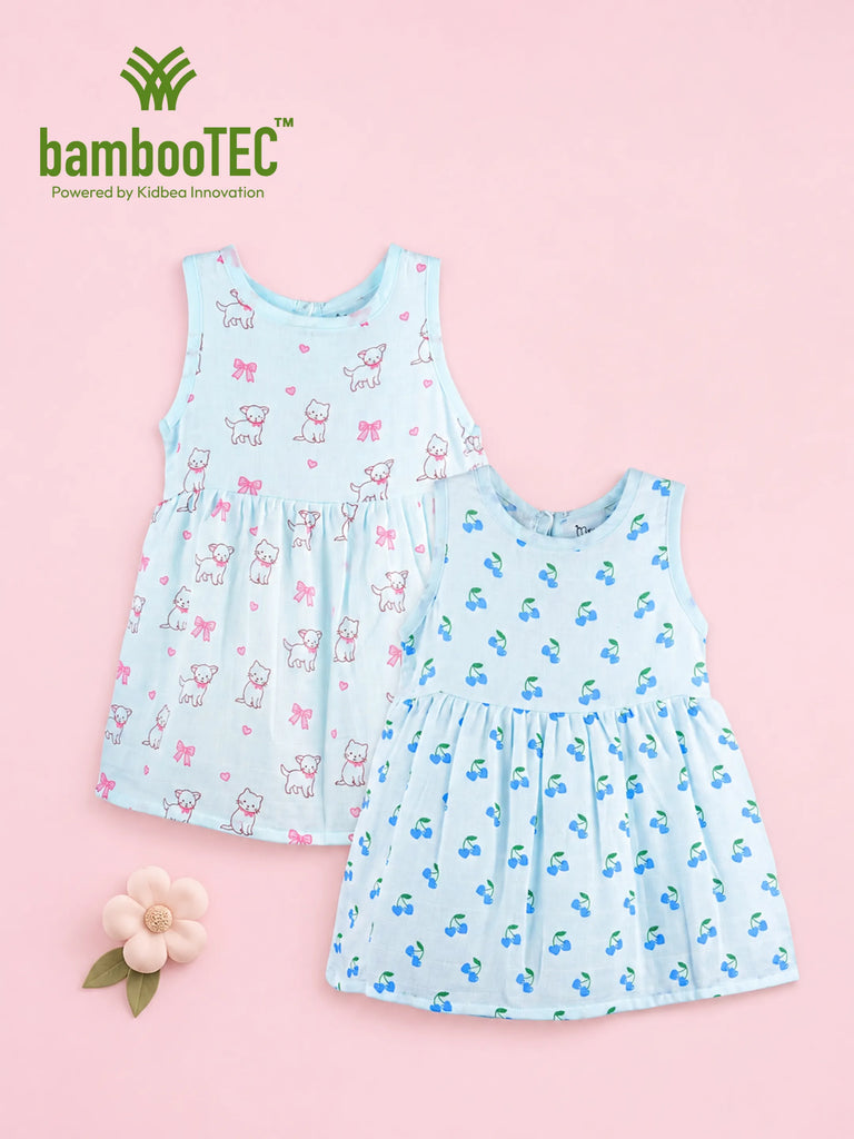 BambooTEC™ Bamboo Muslin Girls Frock – Cute Puppy & Cherry Prints | Pack of 2