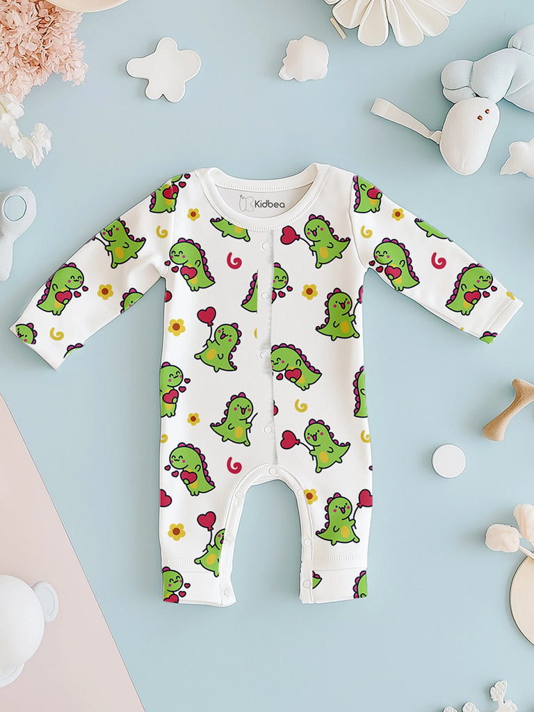 100% Organic Cotton Romper Pack – Animal & Dino Designs, Orange & Olive Green, Full Sleeves