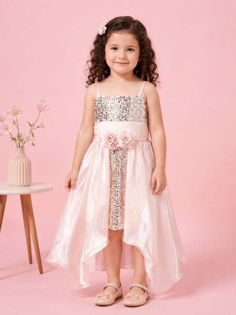 Girls Pink Partywear Frock – Sequin & Floral Embellished High-Low Dress