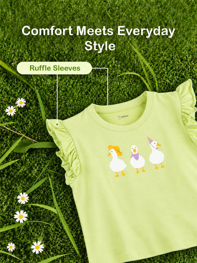 Girls Light Green Top – Cute Duck Print with Ruffle Sleeves