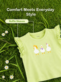 Girls Light Green Top – Cute Duck Print with Ruffle Sleeves