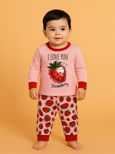 Unisex Kids Cotton Nightsuit | Soft & Cute Strawberry Print Pajama Set for Boys & Girls | Pink