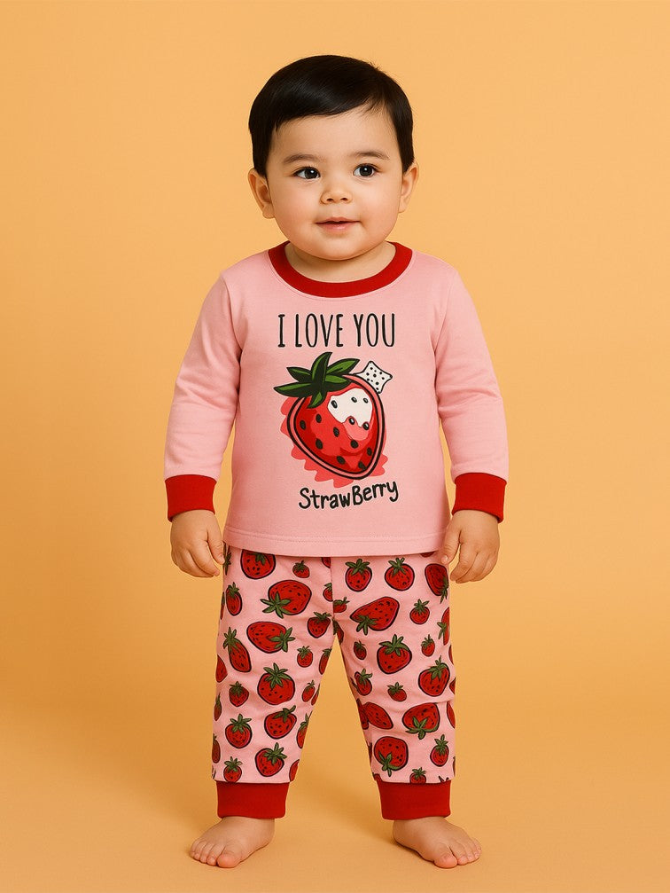 Kidbea Unisex Kids Cotton Night Suit | Soft & Cute Strawberry Print Pajama Set for Boys & Girls | Pink
