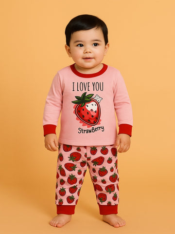 Kidbea Unisex Kids Cotton Night Suit | Soft & Cute Strawberry Print Pajama Set for Boys & Girls | Pink