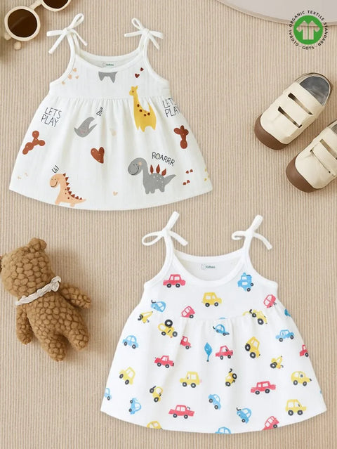 Extra Soft Muslin Baby Girls Frock Pack of 2 – Dinosaur & Car Prints