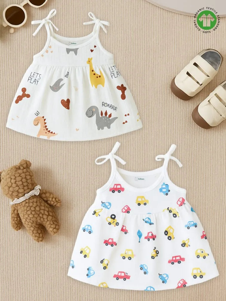 Extra Soft Muslin Baby Girls Frock Pack of 2 – Dinosaur & Car Prints