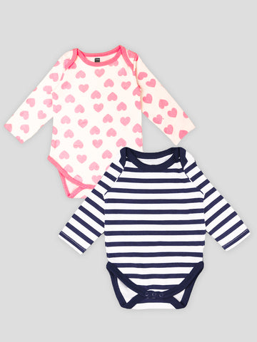 Kidbea 100% Organic cotton baby Pack of 2 onesies Unisex |  Strips - Blue and Heart - Pink