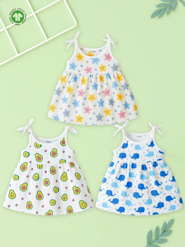 Extra Soft Muslin Baby Girls Frock Pack of 3 – Star, Avocado & Whale Prints
