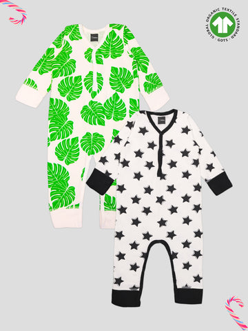 Kidbea 100% Organic Cotton Romper Bodysuit Jumpsuit Combo 2 Designs Color leaf and star Printed