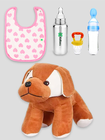 Kidbea Dog Brown Soft Toy, Heart Bib, Stainless Steel Infant Baby Feeding Bottle, Silicone Food Feeder & Silicone Fruit Nibbler Soft Pacifier/Feeder, Teether for Baby