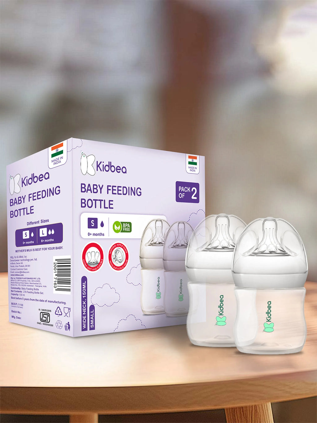 Natural Milk Feeding Bottle, BPA-Free, Soft Nipple, Anti-Colic Design, 150ML X 2, Pack 2 Bottle