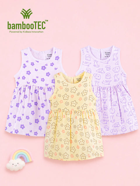 BambooTEC™ Bamboo Muslin Baby Girls Frock Pack of 3 – Floral Butterfly, Puppy & Star Flower Prints