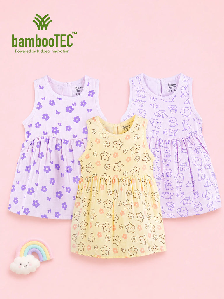 BambooTEC™ Bamboo Muslin Baby Girls Frock Pack of 3 – Floral Butterfly, Puppy & Star Flower Prints
