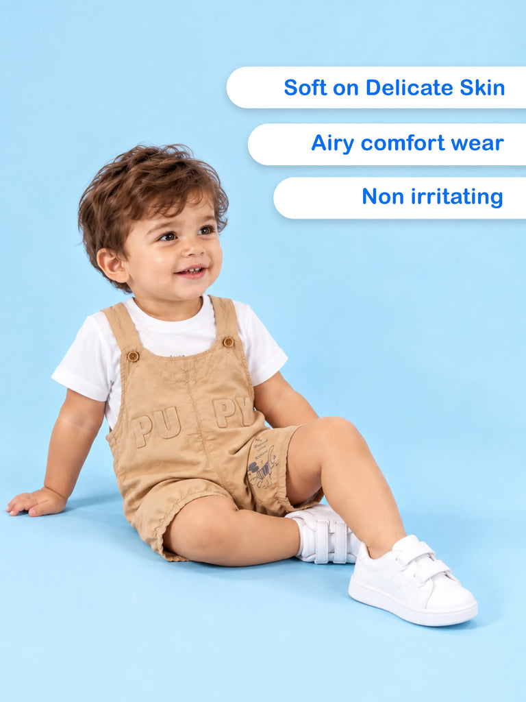 Kids Cotton Dungaree Set with T-Shirt – Beige Suspender Romper & White Tee Set