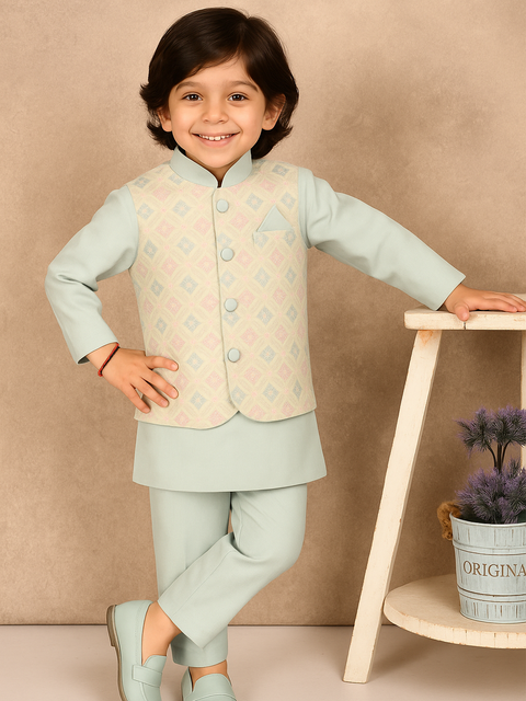 Boys Stylish Kurta Pajama Set with Embroidered Nehru Jacket | Traditional Festive Ethnic Wear | Blue