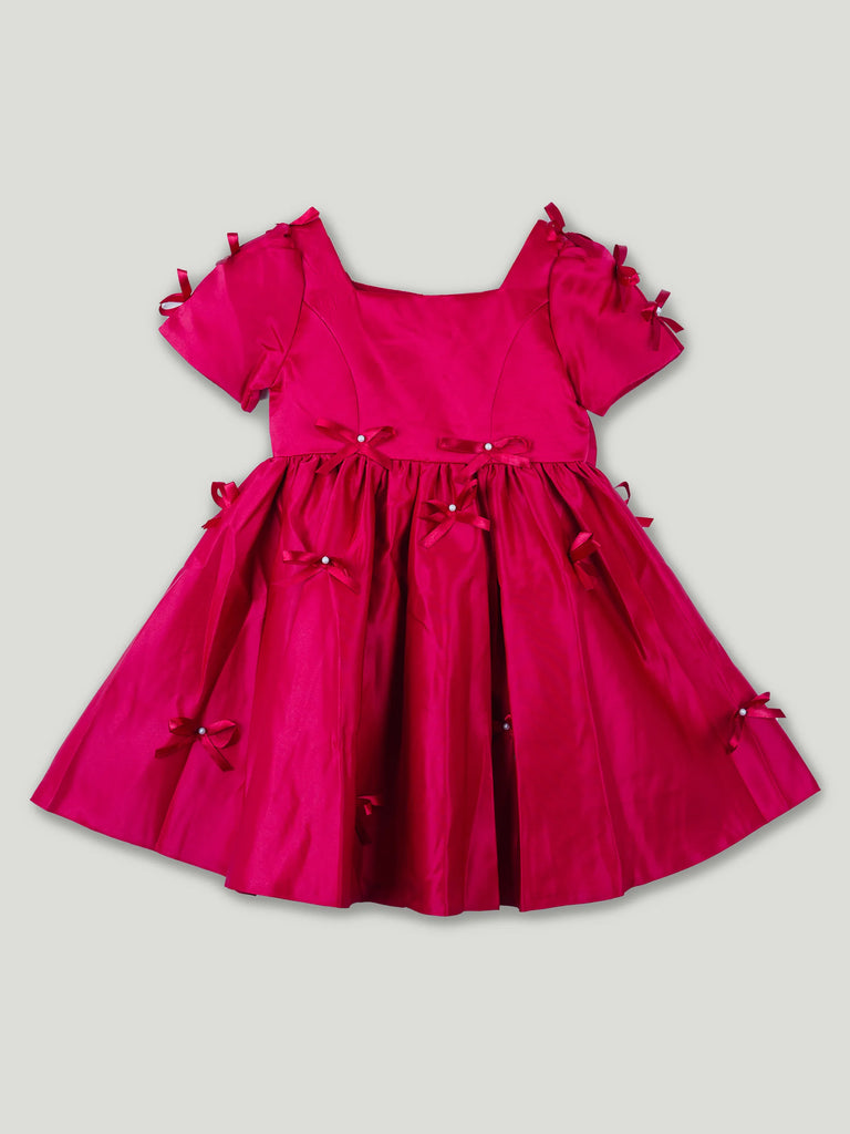 Baby Girl Party Dress – Red Satin Bow Dress with Pearl Detail & Flared Skirt for Kids