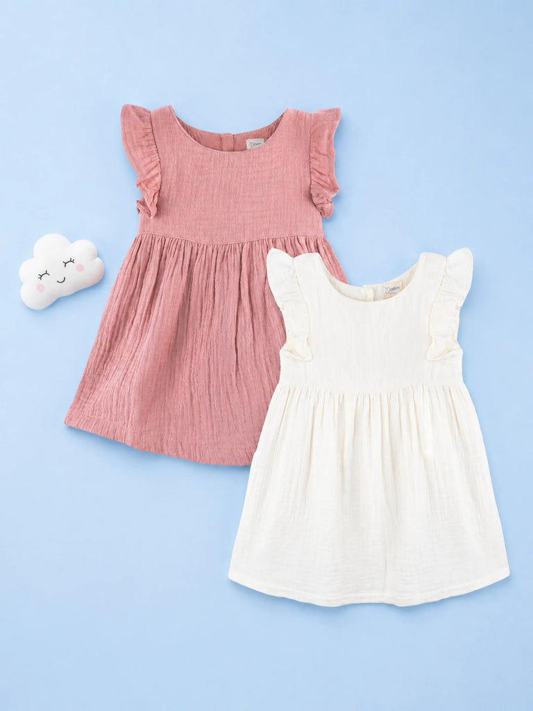 Organic Cotton Girls Frock Pack of 2 – Rust & White Ruffle Frocks