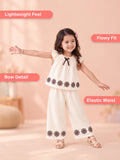 Girls Cotton Co-Ord Set – Cream Top & Wide-Leg Pants with Floral Embroidery