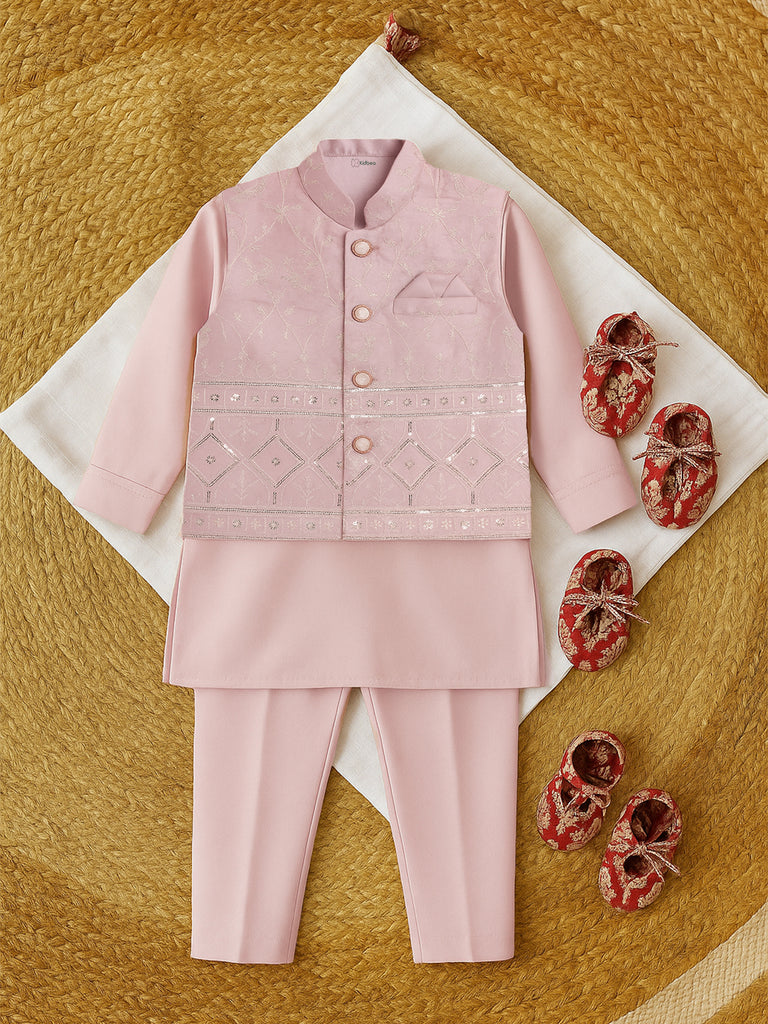 Kidbea Boys Ethnic Wear Set | Kurta Pajama with Stylish Nehru Jacket | Festive Traditional Outfit for Kids | Dusty Pink