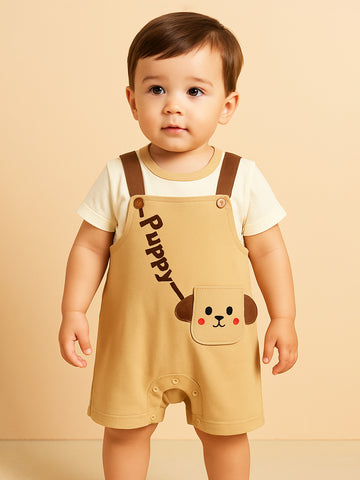 Kidbea Unisex Dungaree Set in Brown – Earthy Tone Puppy Design Overalls Paired with Matching Tee