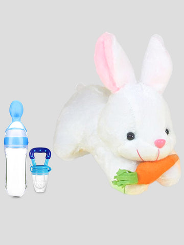 Kidbea Rabbit White Soft Toy, Silicone Food Nibbler & Silicone Fruit Nibbler Soft Pacifier/Feeder, Teether for Baby