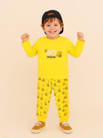 Kidbea Unisex Cotton Nightwear Set for Kids | Cute Bee Print & Full Sleeves Top | Yellow