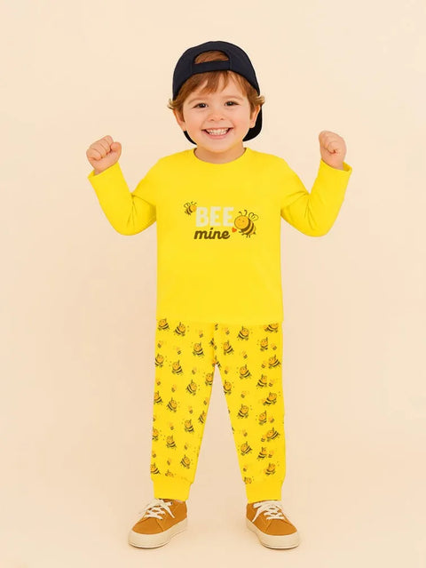 Unisex Cotton Nightwear Set for Kids | Cute Bee Print & Full Sleeves Top | Yellow