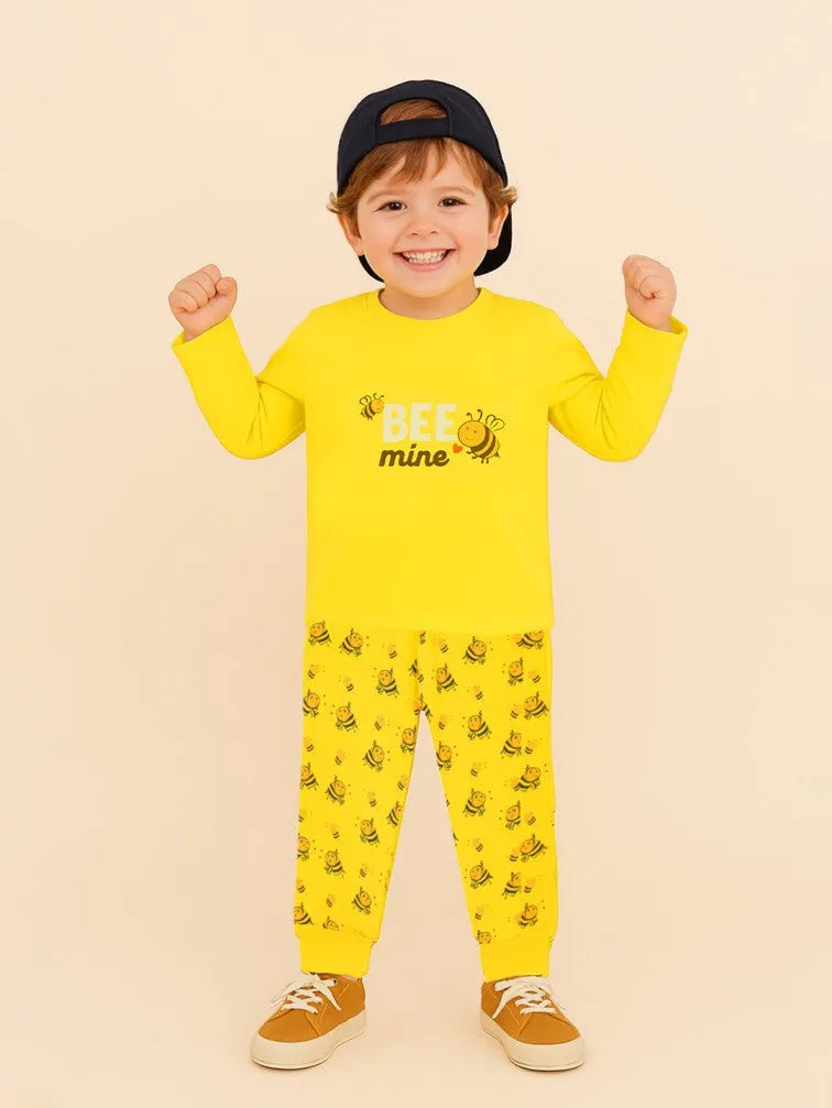 Unisex Cotton Nightwear Set for Kids | Cute Bee Print & Full Sleeves Top | Yellow