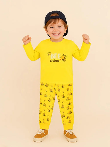 Unisex Cotton Nightwear Set for Kids | Cute Bee Print & Full Sleeves Top | Yellow