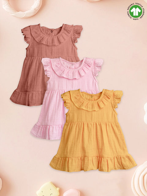 Light Organic Cotton Girls Frock Set | Pack of 3 (Rust, Charming Pink & Mustard Yellow)