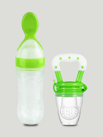 Kidbea Baby Fruit Feeder And Food Feeding Spoon Ultra Soft Food Grade Silicone for Cereals for Infant Baby 3 Months Plus for Baby 6 to 12 Months (Green Combo)