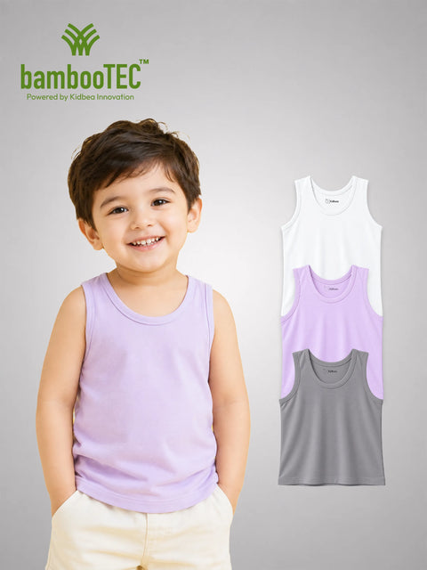 BambooTEC™ Bamboo Kids Vest Pack of 3 – White, Lavender & Grey Sleeveless Vests
