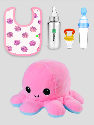 Kidbea Octopus Mood Change Soft Toy, Flower Bib, Stainless Steel Infant Baby Feeding Bottle, Silicone Food Feeder & Silicone Fruit Nibbler Soft Pacifier/Feeder, Teether for Baby