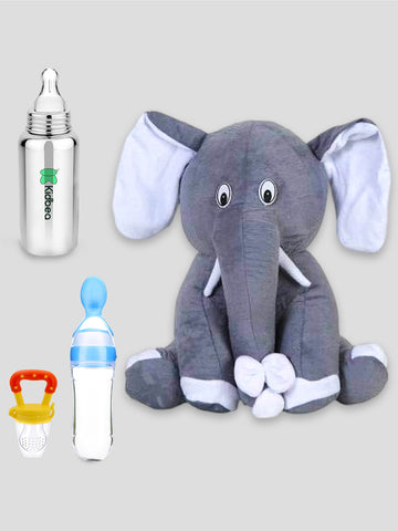 Kidbea Elephant Grey Soft Toy, Stainless Steel Infant Baby Feeding Bottle, Silicone Food Feeder & Silicone Fruit Nibbler Soft Pacifier/Feeder, Teether for Baby