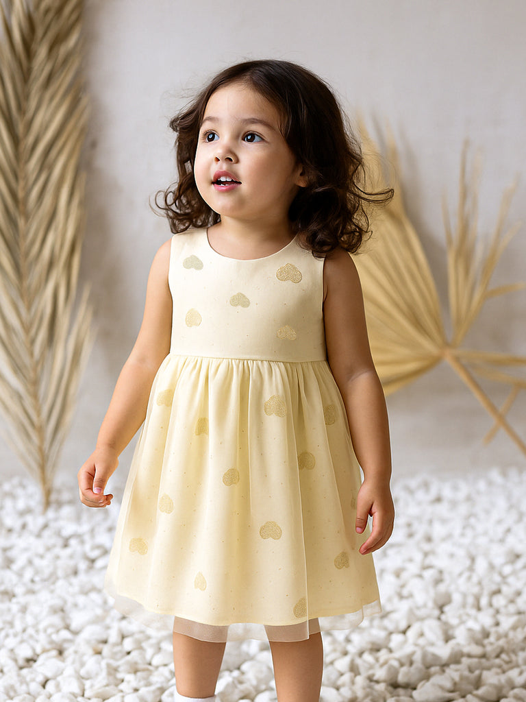 Kidbea Baby Girl Party/Birthday Dress | Sleeveless Stylish Frock with White Heart Embroidery & Tulle Layer | Ideal for Toddlers & Infants Cream