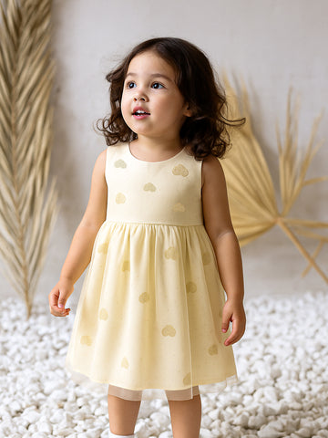 Kidbea Baby Girl Party/Birthday Dress | Sleeveless Stylish Frock with White Heart Embroidery & Tulle Layer | Ideal for Toddlers & Infants Cream